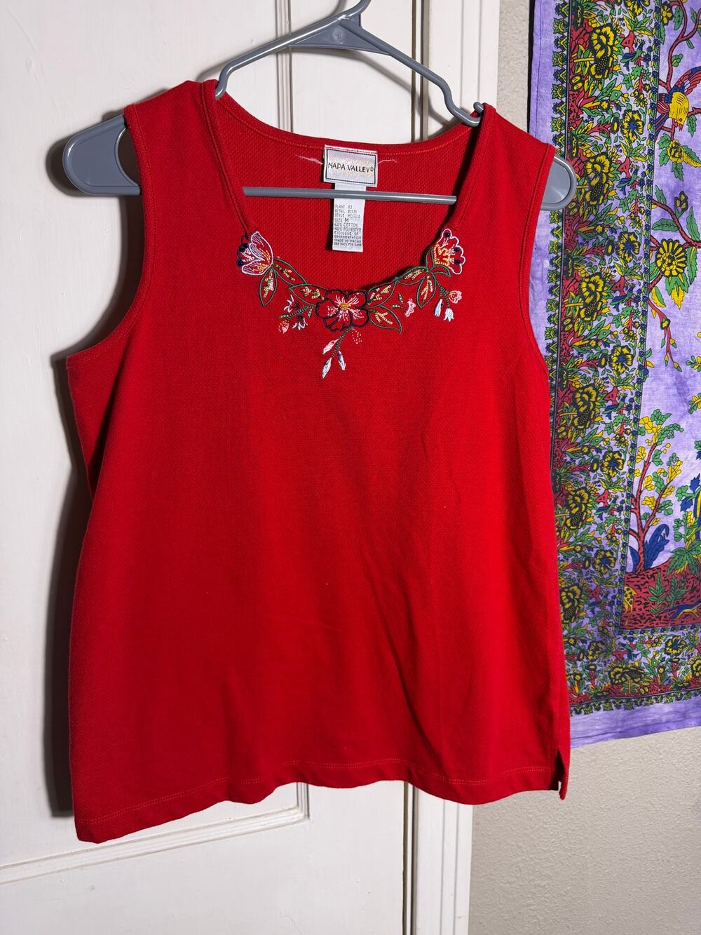 Napa Valley Red Floral Embroidered Tank Top Medium Cotton Blend Boho